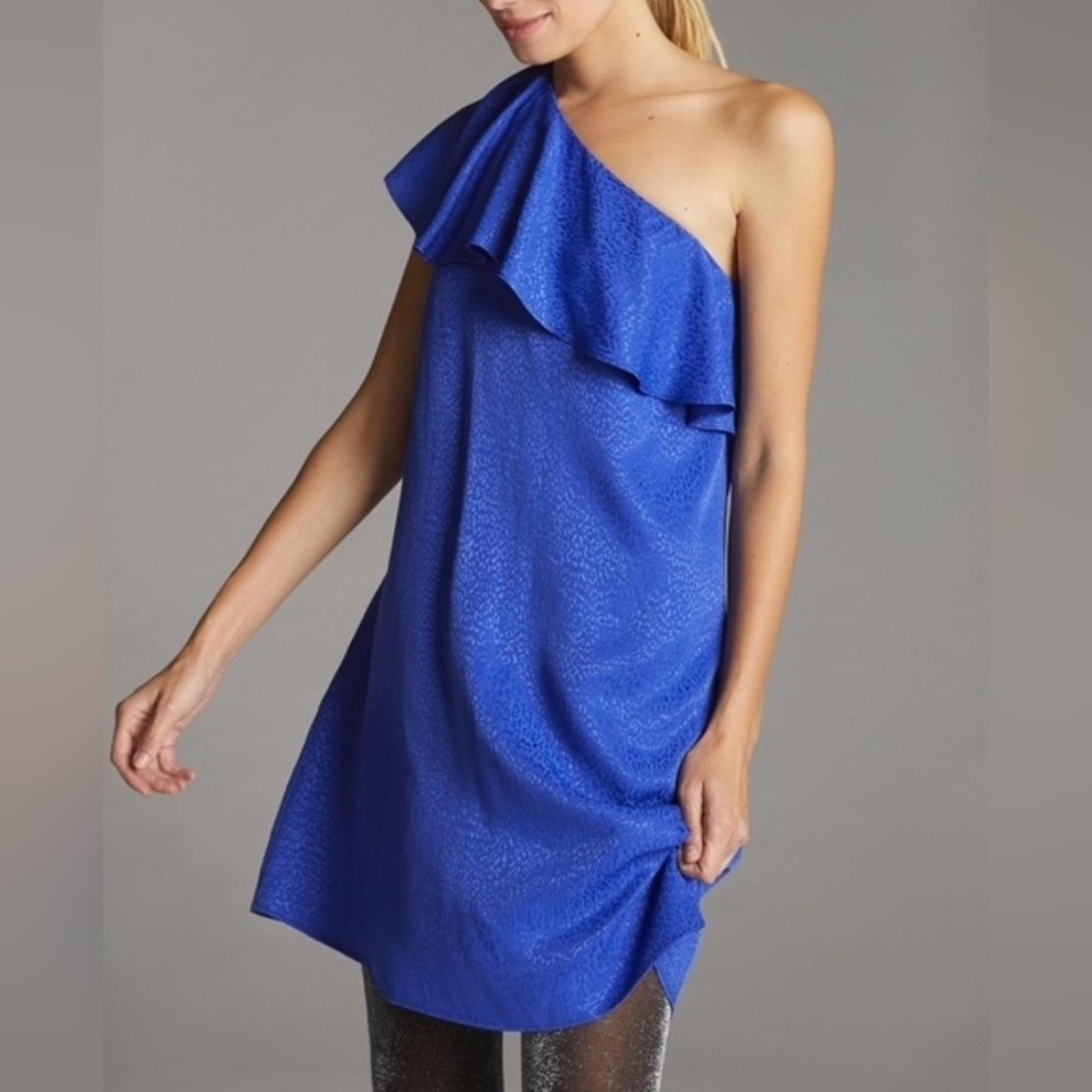 Anthropologie Mini Dress Womens 4 Petite Royal Blue Cheetah Ruffled One Shoulder